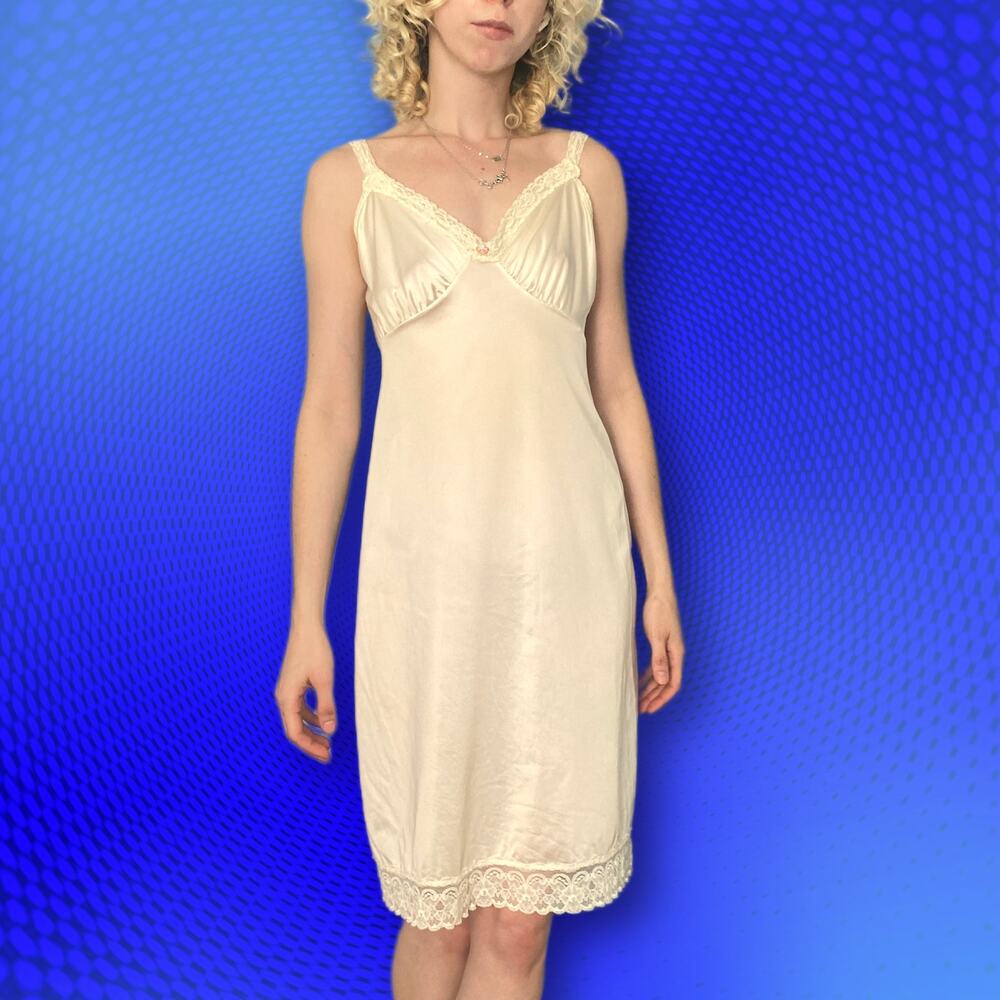 Vintage satin lace petite slip dress with rosette, size S